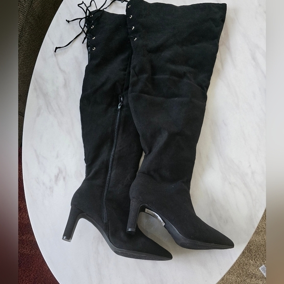 Nadia x FTF Mid Thigh Boots Women Sz 9W Black Ophelia Suede Back Laces New - Picture 7 of 14